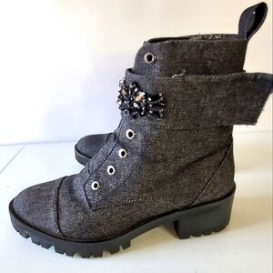 Karl Lagerfeld Paris Embellished Ankle Boots Size 8 Denim Combat Lug‎ Sole